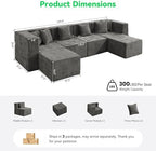MONVANE U Shaped Sectional Couch Oversized, Chenille, Gray | 6-Seat Sectional Couch for Living Room, Modular Cloud Sofa with Ottoman & 6 Throw Pillows, No Assembly Required