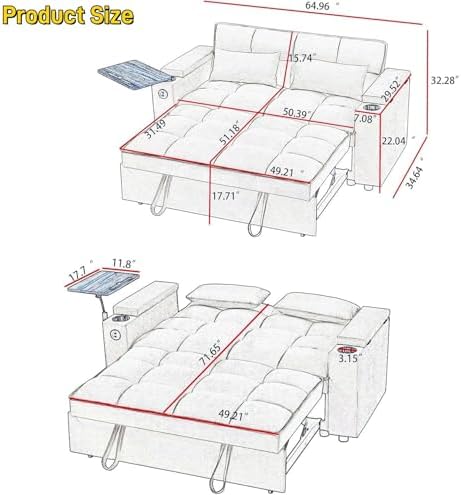 oaaktu ﻿ Large Size Convertible Sleeper Sofa Bed,Polka dot Velvet Pull Out Futon Couch with Storage handrails & Rotating Side Tables,Convertible Sofa Couch for Living Room,RV (Coffee)