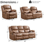 EBELLO 3 Pieces Faux Leather Recliner Sofa Furniture Set, Includes a Manual Reclining 1 Seat Chair, a Loveseat and a 3 Seat Couch, with Cup Holders and Storage for Living Room, Brown
