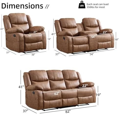 EBELLO 3 Pieces Faux Leather Recliner Sofa Furniture Set, Includes a Manual Reclining 1 Seat Chair, a Loveseat and a 3 Seat Couch, with Cup Holders and Storage for Living Room, Brown