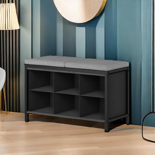 YATINEY Shoe Storage Bench with Cushion, Entryway Bench, Shoe Rack with Padded Seat and 6 Oxford Compartments, for Closet, Bedroom, Entryway, Black and Gray HX01BK