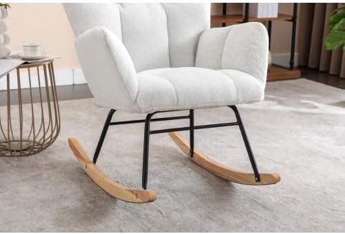 Rocking Chair, Upholstered Teddy Fabric Glider Chairs, Lounge Accent Armchair with Thick Cushion and High Backrest, Accent Rocking Chair for Bedroom, Living Room, Ivory