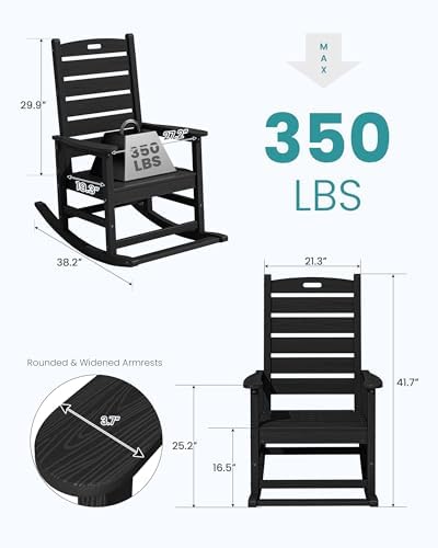 SERWALL Outdoor Rocking Chair Set of 2, Oversized HDPE Rocker, Black | Heavy Duty Front Porch Rocker with Footrest, all Weather Porch Rocker for Deck Patio Balcony, 350lbs Weight Capacity