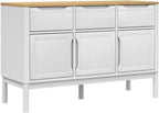 White Sideboard Buffet Cabinet, Solid Pine Wood and Engineered Wood Credenza with 2 Drawers and 3 Doors, Accent Storage Cabinet for Dining Room, Living Room, Hallway, 44.9 Inch