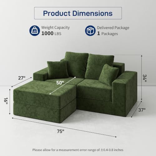 Cloud Modular Sectional Sofa, Comfy Couch for Living Room, Modern L-Shaped Couch with Reversible Chaise, Customizable Sleeper Sofa with Non Slip, No Assembly & Deep Seat, Green