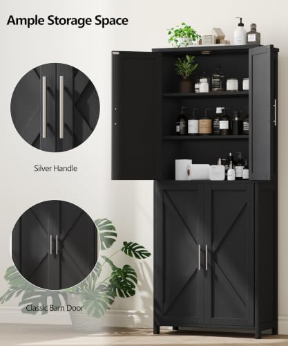Akxomel 63''H Tall Farmhouse Bathroom Storage Cabinet with 4 Doors Black | Floor Storage Cabinet with Barn Doors, Adjustable Shelf, Pantry Cabinet for Kitchen, Laundry Room, Living Room, Entryway