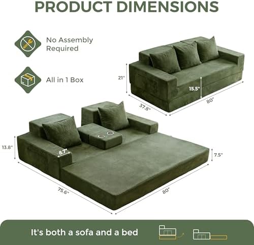 MAXYOYO Convertible Sofa Bed, 80" Oversized Loveseat Couch 4 in 1 Foldable Floor Sofa Couch in A Box with 2 Cup Holders, Folding Chair for Living Room, No Assembly Required, Green | Corded Green 4-in-1 Couch Converts Into a Floor Sofa
