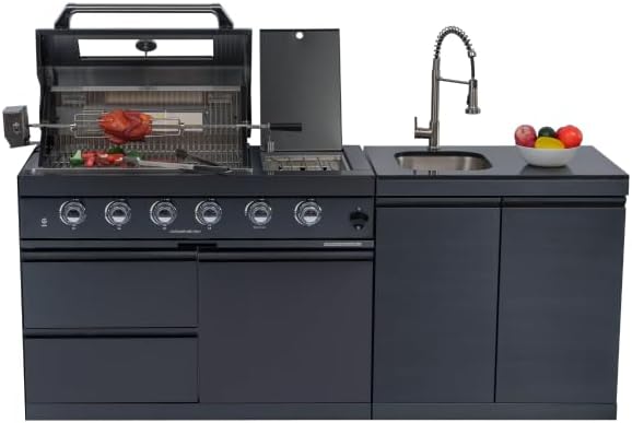 Premium Stainless Steel Outdoor Kitchen Island with Built-in Grill, Rotisserie, Wine Cooler, Granite Countertop and Storage