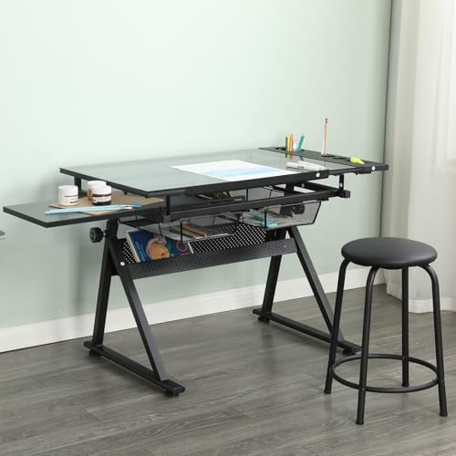 Drafting Table, Height Adjustable Art Tabe with Stool, Black | 0-75° Tilting Tempered Glass Tabletop Art Drawing Table with Compartments, Trays, Rack and Drawers for Sketching Painting