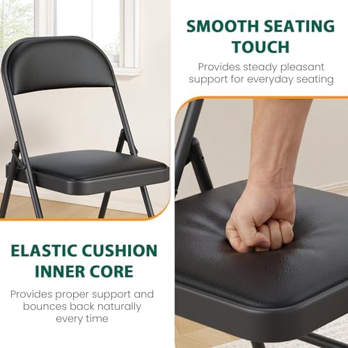 Folding Chairs 4 Pack,350 lbs Heavy Duty Metal Frame Folding Chairs with PU Leather Padded Seat,Ergonomic Portable Foldable Chair with Non-Slip Rubber Feet for Indoor Outdoor Wedding Patio Party,Black