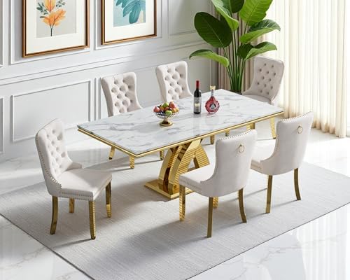 Luxury 7 Piece Dining Set, Modern 68.11" Faux Marble Dining Table with 6 Beige Velvet Dining Chairs, White Kitchen Table Set with Gold Stainless Steel Base, Rectangle Dining Room Table and Chairs Set