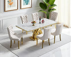 Luxury 7 Piece Dining Set, Modern 68.11" Faux Marble Dining Table with 6 Beige Velvet Dining Chairs, White Kitchen Table Set with Gold Stainless Steel Base, Rectangle Dining Room Table and Chairs Set