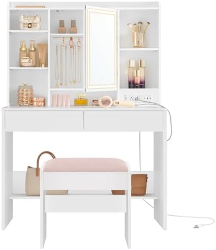 VASAGLE 35.4-Inch Vanity Desk with Mirror and Lights, 2 Drawers | Modern Vanity Table Set with Stool, Power Outlets, Jewelry Storage, 6 Compartments, Cloud White, KAILYN Collection URDT031W01