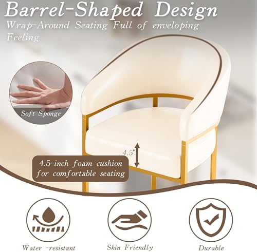 Modern Counter Height Bar Stools,Bar Stools Set of 3,PU Leather Upholstered Barrel Barstools with Backs,26" Kitchen Island Chairs,Metal Gold Frames,Support 480 LBS,Beige White Leather