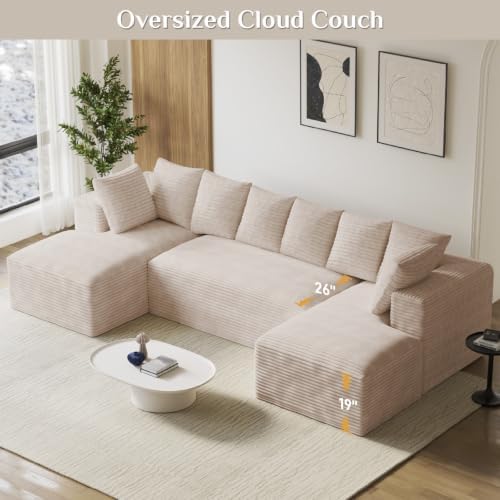 ONEMMLION 131" Oversized Cloud Couch Sofa with Chaise, Beige | Corduroy, U-Shaped Modular Sectional Couch for Living Room, Memory Foam, 19" Comfort-Height Seating, Deep Seat, Wide Armrest