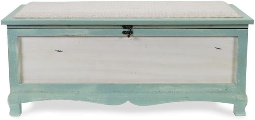 Pemberly Row Shabby-Chic Wood Bench Chest, Seafoam Green & Off White Finish, Cushioned Seat with Hinged Lift-Up Storage, Handcrafted Bedroom or Entryway Seating Organizer, Fully Assembled