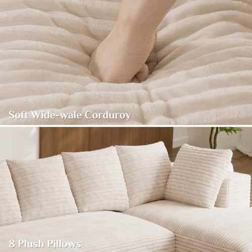 ONEMMLION 131" Oversized Cloud Couch Sofa with Chaise, Beige | Corduroy, U-Shaped Modular Sectional Couch for Living Room, Memory Foam, 19" Comfort-Height Seating, Deep Seat, Wide Armrest