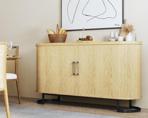 HUAHUU Sideboard Buffet Cabinet with Storage, 54.3" Fluted Tambour, Adjustable Shelves, Mid Century Modern Console for Living Room Kitchen