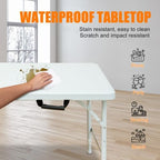 Folding Table 4FT, Heavy Duty Portable Plastic Folding Table with Handle, Anti-Slip Feet, Waterproof, Easy to Clean, Adjustable Height, 300LBS Capacity, Foldable for Indoor Outdoor Use(White)