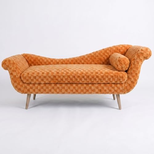 ERYE Upholstered Left Facing Chaise Lounge Chair W/Scroll Arms and Wood Legs, Elegant Chaise Lounge Square Pattern Accent Recliner Lounger Sofa for Living Room Bedroom