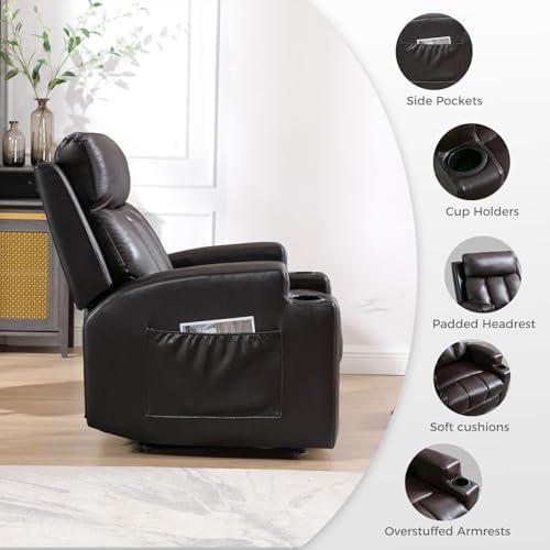CANMOV Manual Recliner Chair with Massage and Heat,Breathable Leather Recliner Chair with Armrest and Backrest, Manual Reclining Single Sofa with 2 Cup Holders, Side Pocket for Living Room,Dark Brown