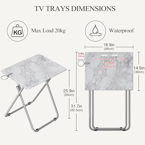 TV Tray Table,Folding Table with Cup Holder Portable,Foldable Snack Tray for Eating,Small Folding Tables Set of 2,Dinner Tables for Couch, Living Room,Small Space (White Marble,2Pcs)