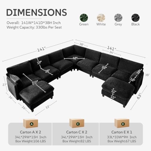 Ihanherry 139" Oversized V-Shaped Modular Sectional Couch, 9-Seater Cloud Sofa with Corner & Movable Ottoman, Large Cushions, Chenille Deep Seat Living Room Furniture Set,Black