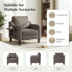 Accent Chairs Set of 2 for Living Room, Mid-Century Upholstered Armchair with Foldable Table & 2 Side Pockets, Modern Linen Wooden Sofa Chair for Bedroom & Reading Room, Brown