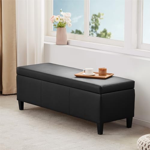 HUIMO Faux Leather Storage Ottoman Bench 50.3 Inch Extra Long PU Upholstered Bedroom Bench with Large Storage Space for the Living Room, Entryway, Bedroom Hold Up to 300lbs (Black)