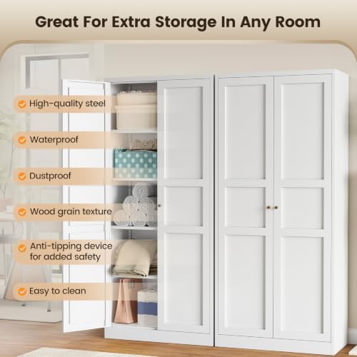 Yizosh Metal Storage Cabinet - 71" White Kitchen Pantry with 2 Doors and 4 Adjustable Shelves, 4-Tier Tall Steel Locker for Living Room, Dining Room