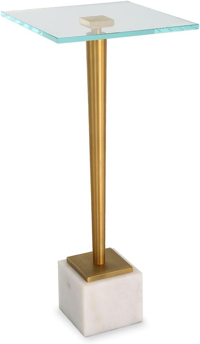 Miri Accent Table | Brass Plated and Tempered Glass Top with White Marble Base (11 in. W x 25 in. H)