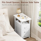 Vagusicc White End Table with Charging Station, Narrow Side Table, Narrow Nightstand with 3 Fabric Drawers, Slim Sofa Side Table for Small Spaces, Small Night Stand for Bedroom, White