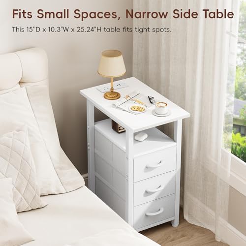 Vagusicc White End Table with Charging Station, Narrow Side Table, Narrow Nightstand with 3 Fabric Drawers, Slim Sofa Side Table for Small Spaces, Small Night Stand for Bedroom, White