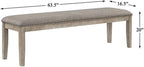 Pemberly Row Contemporary Wood and Fabric Dining Bench, 63.5" Wide, Wire-Brushed Brownish Gray Finish, Light Gray Linen Upholstery, Nailhead Trim, Rustic Style Kitchen or Dining Room Seating