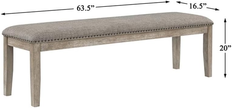 Pemberly Row Contemporary Wood and Fabric Dining Bench, 63.5" Wide, Wire-Brushed Brownish Gray Finish, Light Gray Linen Upholstery, Nailhead Trim, Rustic Style Kitchen or Dining Room Seating