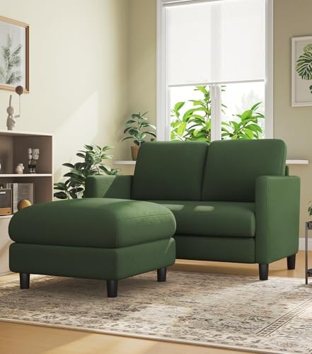 Welzona Loveseat Sofa with Ottoman, 51" Small L Shaped Teddy Couch Sofa | Comfy Teddy Fabric, Tool-free Setup, Washable Covers, All-wood Couch Sets for Living Room, Bedroom, Small Spaces, Green