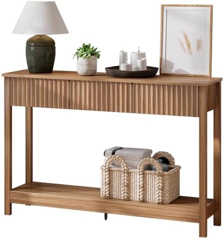 Treocho 47" Fluted Console Table with 3 Drawers and Storage Shelf | Narrow Long Entryway Table,Behind Couch Accent Tables, Entrance Foyer, Hallway, Living Room, Brown