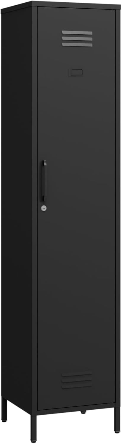Tall Single Door Metal Locker with Adjustable Shelves, Black Tall Metal Locker Storage Cabinet，Easy Assembly for Living Room （15.8”W x 15”D x 70.9”H ）