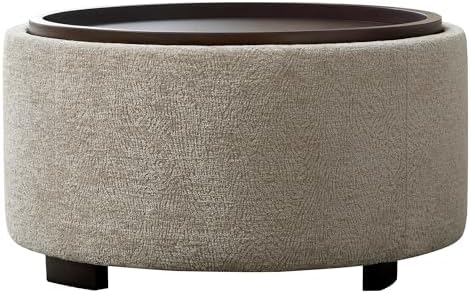 Zihanhome 30 Inch Round Storage Ottoman, Ottoman Coffee Table with Lift Off Lid, Boucle Modern Ottomans with Storage for Living Room, Bedroom, Apartments (Light Brown Striped)
