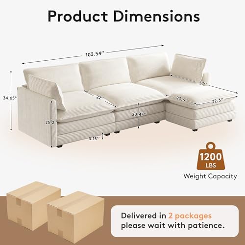 ROWHY 104'' Modular Sectional Cloud Couch with Movable Ottoman, 4 Seat Modern Corduroy Sofa, Deep Seat L Shaped Couch for Living Room Bedroom Apartment, Beige