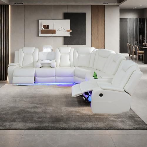Power Recliner Sofa Sectional Sofa with LED Light for Living Room, Air Leather Reclining Corner Sectional Sofa Set, Cup Holder, Storage Console for Home Theater Seating (Ivory White, Sectional+Chair)