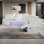 Power Recliner Sofa Sectional Sofa with LED Light for Living Room, Air Leather Reclining Corner Sectional Sofa Set, Cup Holder, Storage Console for Home Theater Seating (Ivory White, Sectional+Chair)