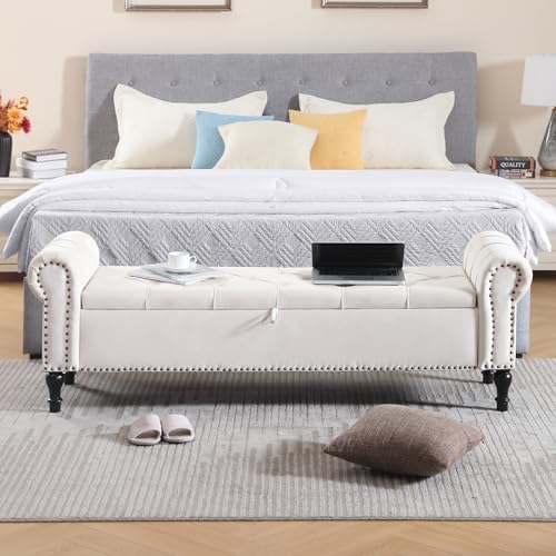 Velvet Storage Bench 67 Inch Upholstered Tufted Ottoman Bench with Arms Large Storage Space King Size End of Bed Benches for Bedroom Living Room Entryway Beige
