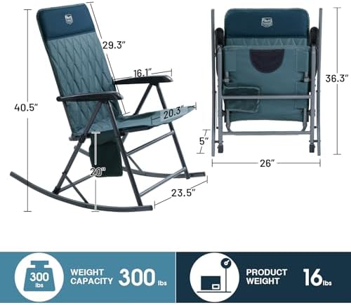 Timber Ridge 3-Level Adjustable Rocking Camping Chair, Ergonomic Padded High Back, Supports 300 LBS, Stable Anti-Tip Rocker, Hard Armrests for Easy Standing, Portable for Patio, Lawn & Tailgating