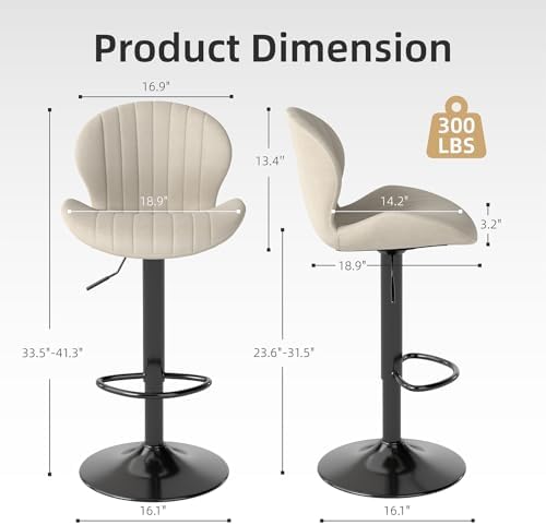 Youhauchair Velvet Fabric Counter Height Bar Stools Set of 3, Beige | Modern, Height Adjustable, Swivel, Armless, Kitchen Island Chairs with Back & Footrest, Soft, Upholstered Dining Room Chair