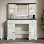 Vanity Desk with Mirror & Lights, Makeup Vanity with Power Outlet & USB Ports, Farmhouse Dressing Table, 6 Drawers & 4 Storage Cabinets, RGB Cabinet Lighting, 3-Color Dimmable Mirror