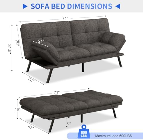 Vipbear 71" Futon Sofa Bed - Convertible Sofa Beds/Adjustable Backrest & Armrest,Detachable Cushion, Loveseat Sleeper for Small Spaces, Apartments & Offices, Grey Futons