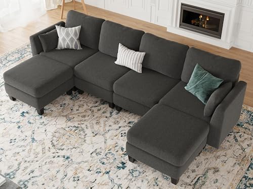 Modular Sectional Sofa 6 Seaters Modular Sleeper Sofa Couch | Comfy Sectionals Couches Bed, Convertible Sofas with Ottomans, Sectional Couches for Living Room, Dark Gray