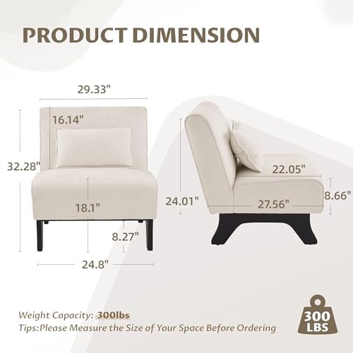 Armless Accent Chair Comfy Upholstered Modern Living Room Side Chair | Comfy Small Accent Lounge Chair with Pillow & Wooden Legs Accent Chair for Living Room Bedroom Farmhouse Reading Beige