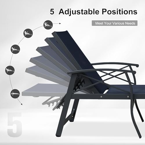 PURPLE LEAF Oversized Outdoor Lounge Chair Set of 2 Aluminum, Deep Blue | Extra wide full relaxation, Textilene quick dry & durable, Powder coat for anti-rust, Armrests added comfort, 5-Position